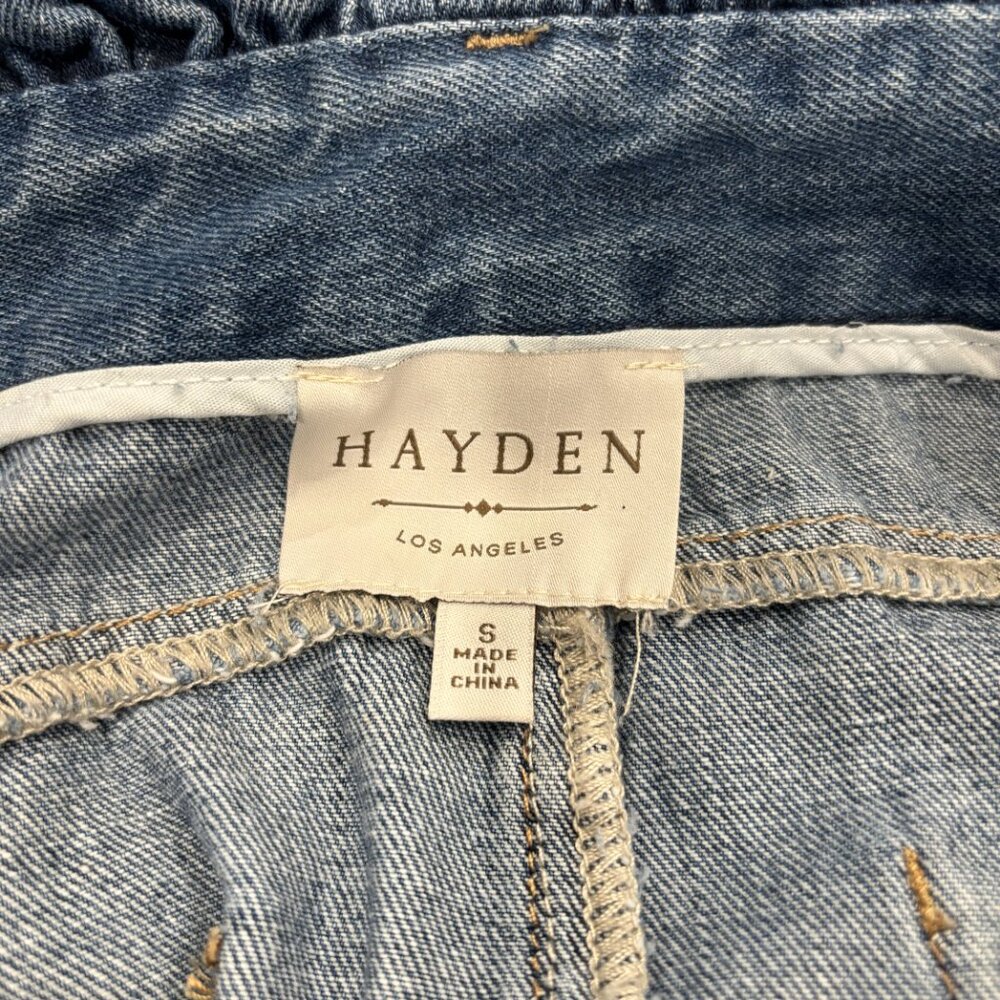 Hayden Light denim mini skirt, ruffled waist, frayed Hemline, Vintage Vibe Small - Picture 2 of 9